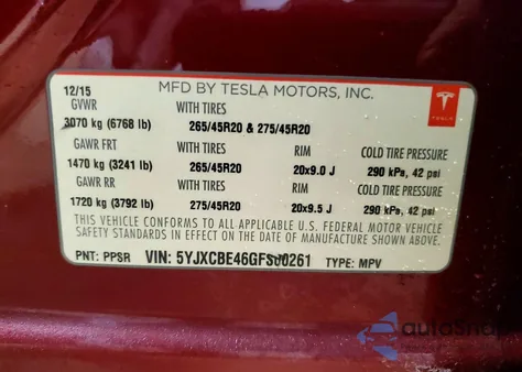 2016 Tesla Model X z USA, uszkodzony, nr VIN 5YJXCBE46GFS00261